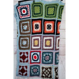 Vintage Granny Square Afghan Sofa Throw Black Multicolor 70s Roseanne 90"x118"